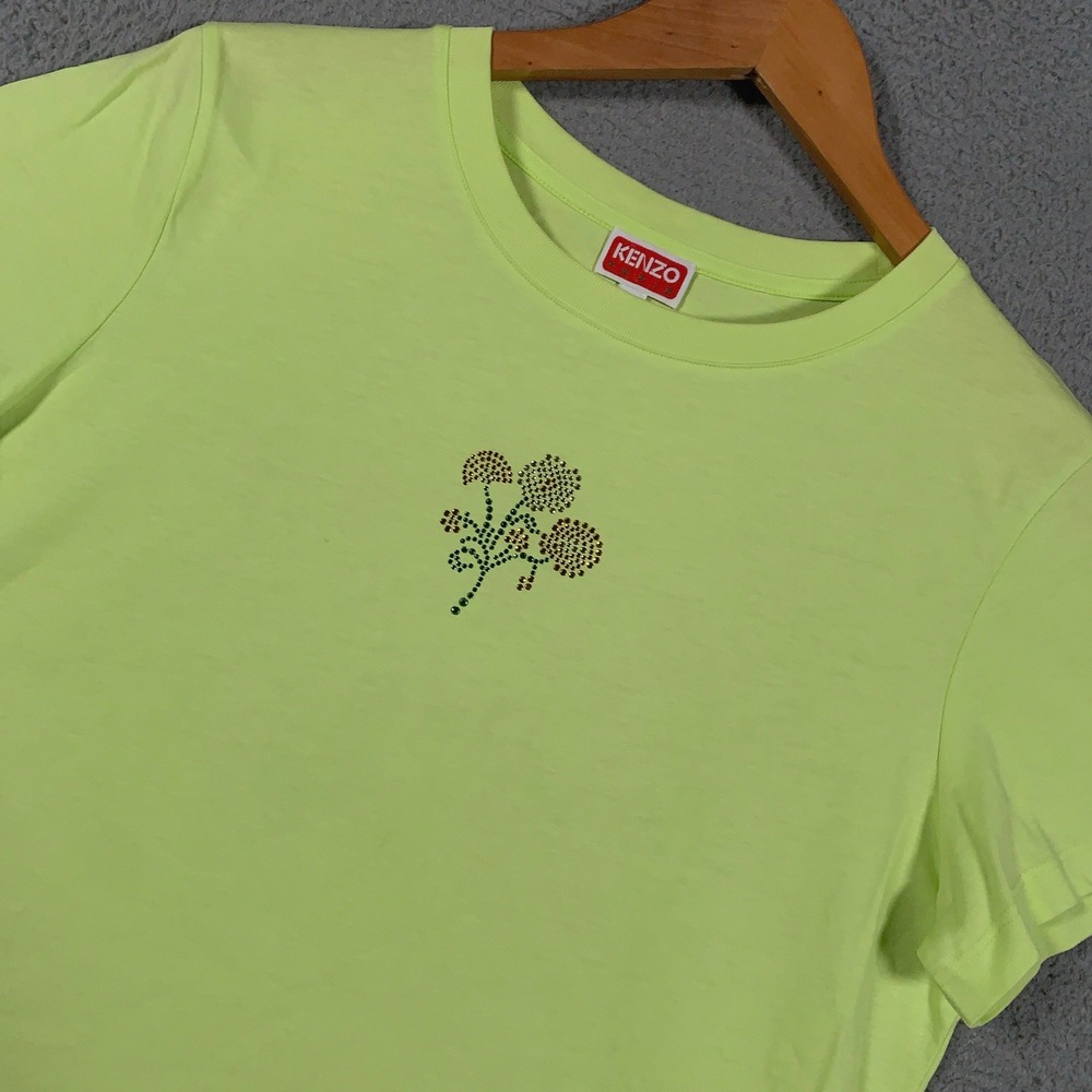 Kenzo Beaded Floral Logo T-Shirt Women's Large L Green Short Sleeve Designer Tee